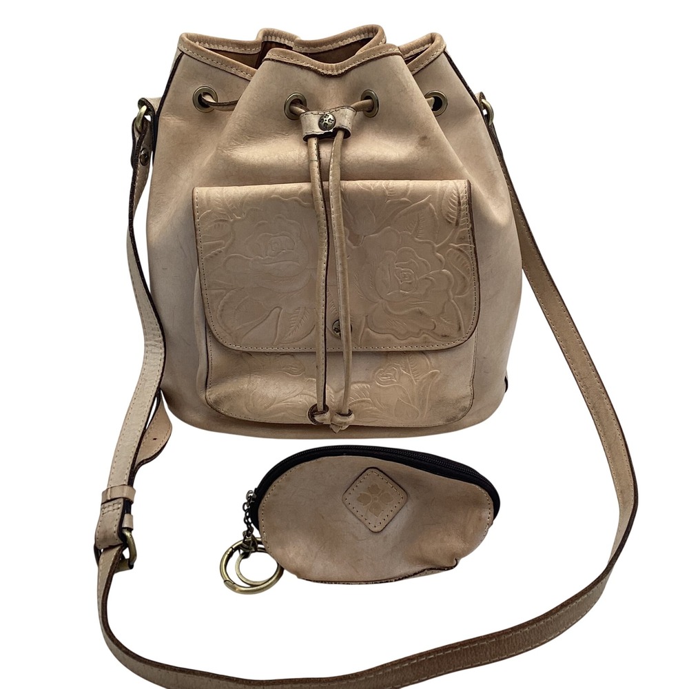 Patricia Nash Tan Leather Floral Embossed Bucket Bag Crossbody with Coin Purse